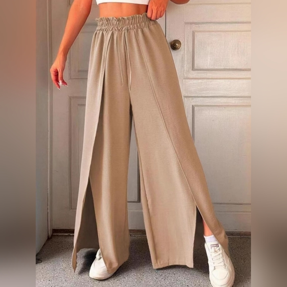 Elegant Full-Size Tan Wide-Leg Slit Pants
